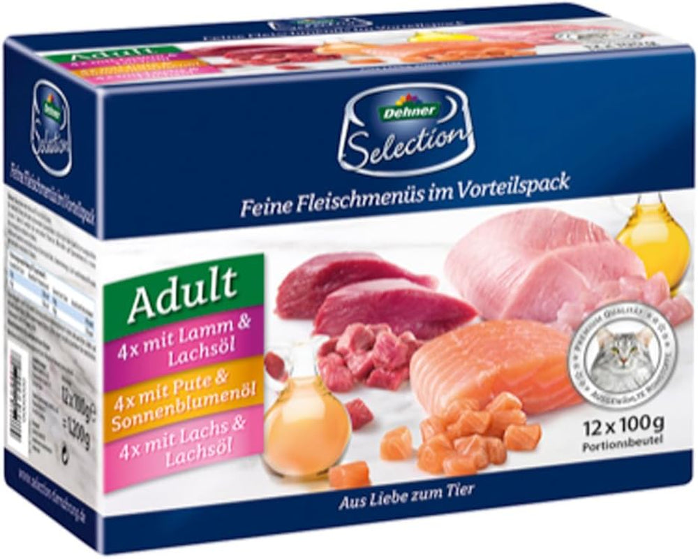 Dehner Premium Nourriture humide pour chat, multipack, chats adultes, 4 pièces chacune : agneau/dinde/saumon, 12 sacs x 100 g (1,2 kg)