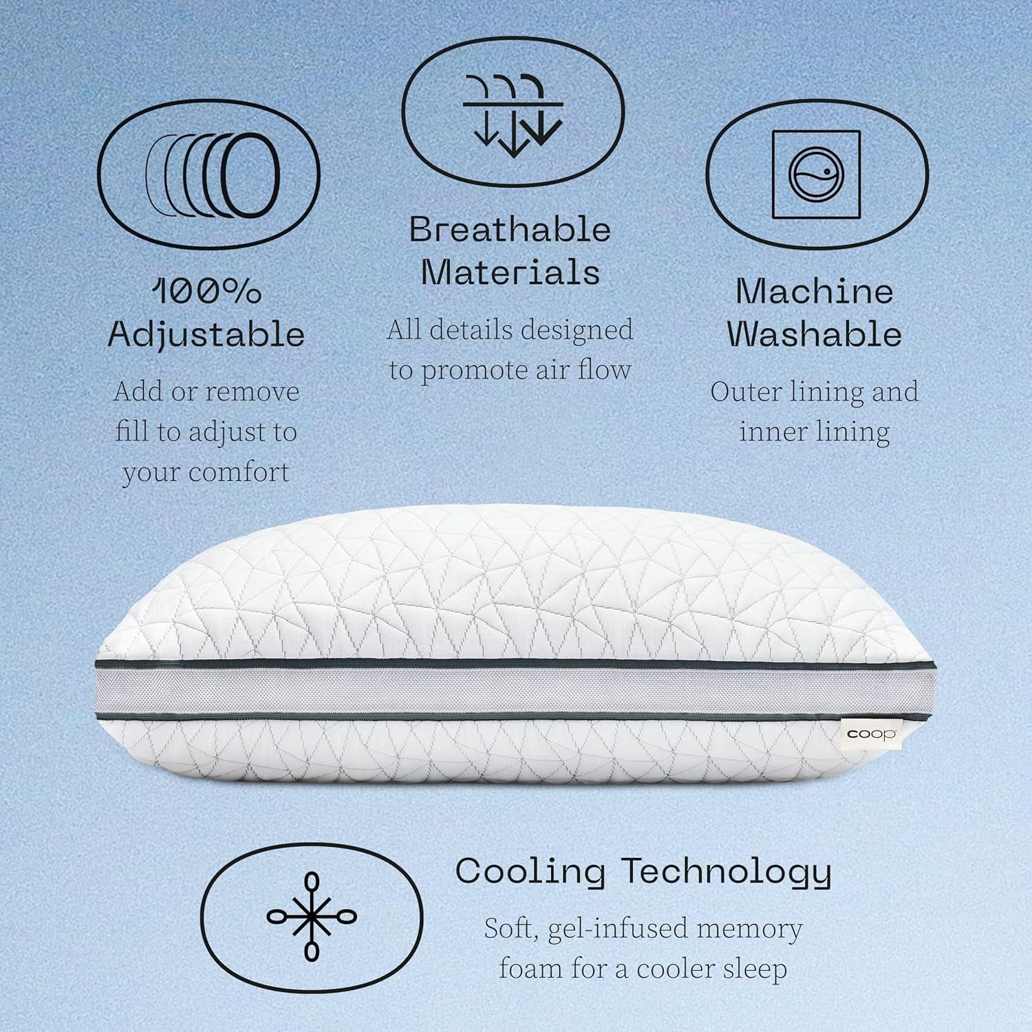 Coop Home Goods Eden Cool Oreiller réglable King Size Mousse à mémoire de forme infusée de gel Tissu Lulltra doux et respirant Idéal pour tous les dormeurs Respectueux de l'environnement Naty Shop Oreillers standard