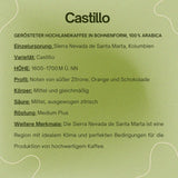 Café spécial Bohnen 100 % Arabica naturel Mittlere Röstung Gewaschener Prozess Zitrus Schokolade Karamell Schattenanbau Sierra Nevada (250 g, Castillo)