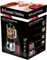 Russell Hobbs Batteur sur socle 2 en 1 [mélangeur en verre de 1,5 L et mini machine à smoothie de 0,6 L - To-Go-Trinkflasche Inkl. Deckel] Spülmaschinenfest, Impuls-/Ice-Crush Funktion, Becher BPA Frei, Edelstahl 23821-56 Kitchen Naty Shop