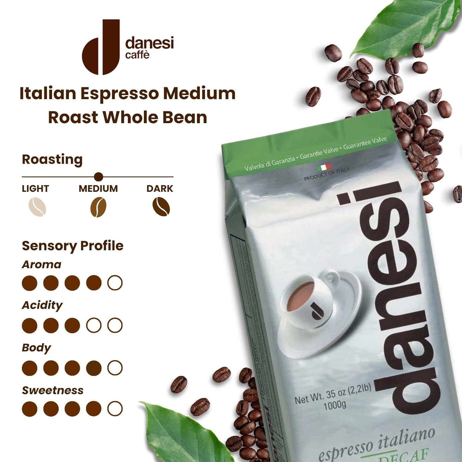 Danesi Decafeinato (décaféiné), haricots, 1 paquet (1 x 1 kg)