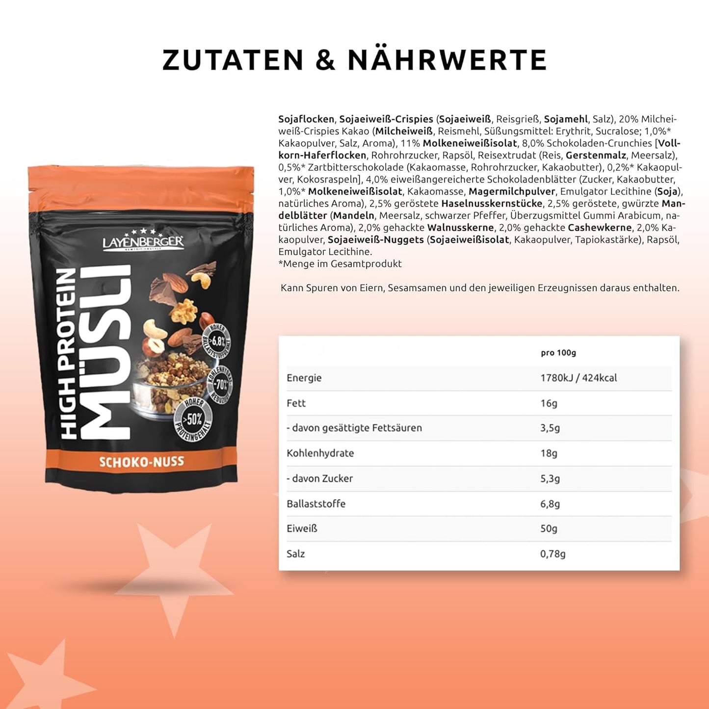 Layenberger 3K Muesli riche en protéines, 50 % d'œufs blancs et 18 % de Kohlenhydrate - Emballage individuel (1X 390 G) - Schoko-Nuss Cereale Naty Shop