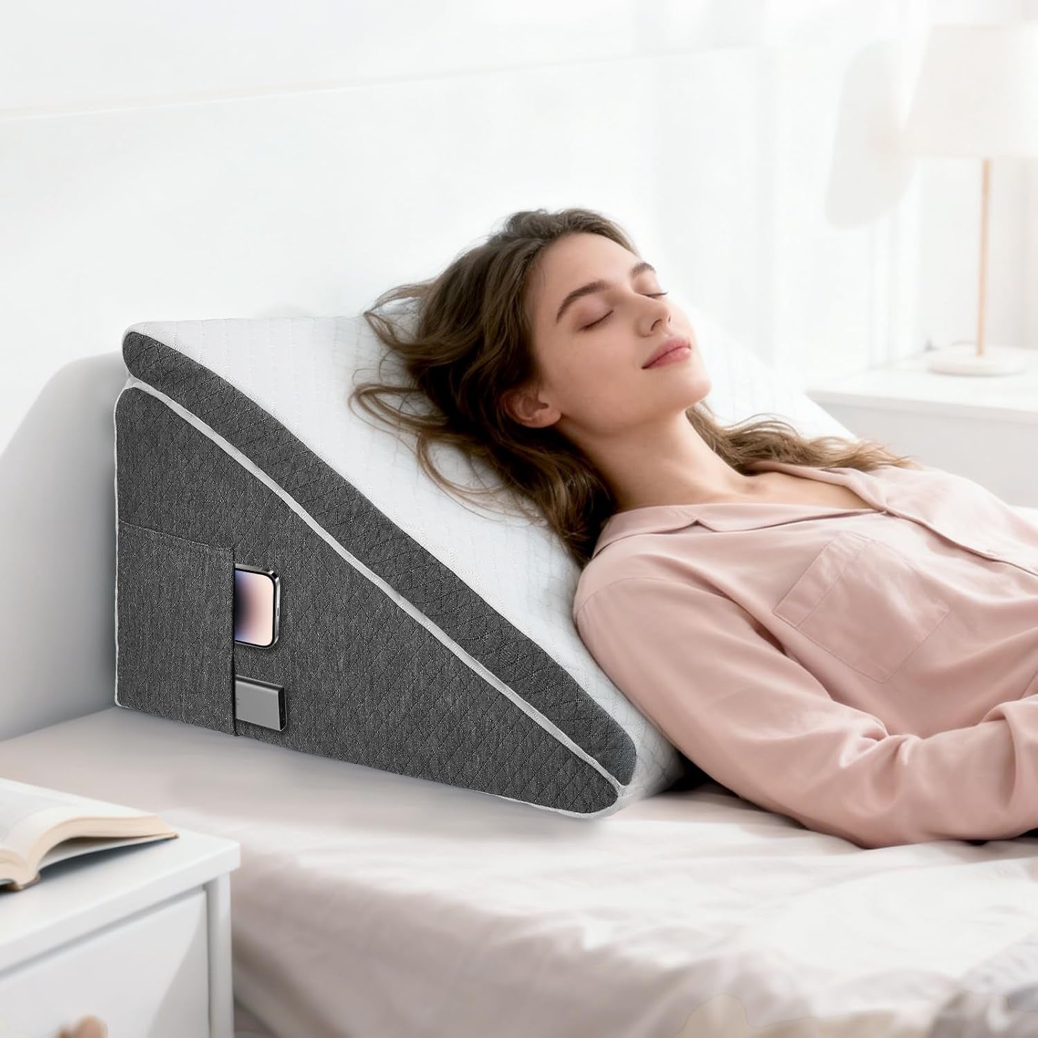 Oreiller en plumes pour lit et canapé, L50xL50xH26 Oreiller de lecture double avec housse lavable, mousse à mémoire de forme, pour ronfler et pour plus de confort au niveau du cou et du dos