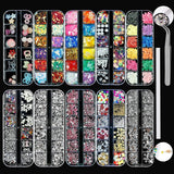 Kit de 10 boîtes de strass pour ongles, accessoires multifonctionnels avec 1 pince à épiler, diamants décoratifs, cristaux, perles, pierres précieuses, colorés, mélangés, yeux de cheval, pierres métalliques, pour décorations DIY Nail Art