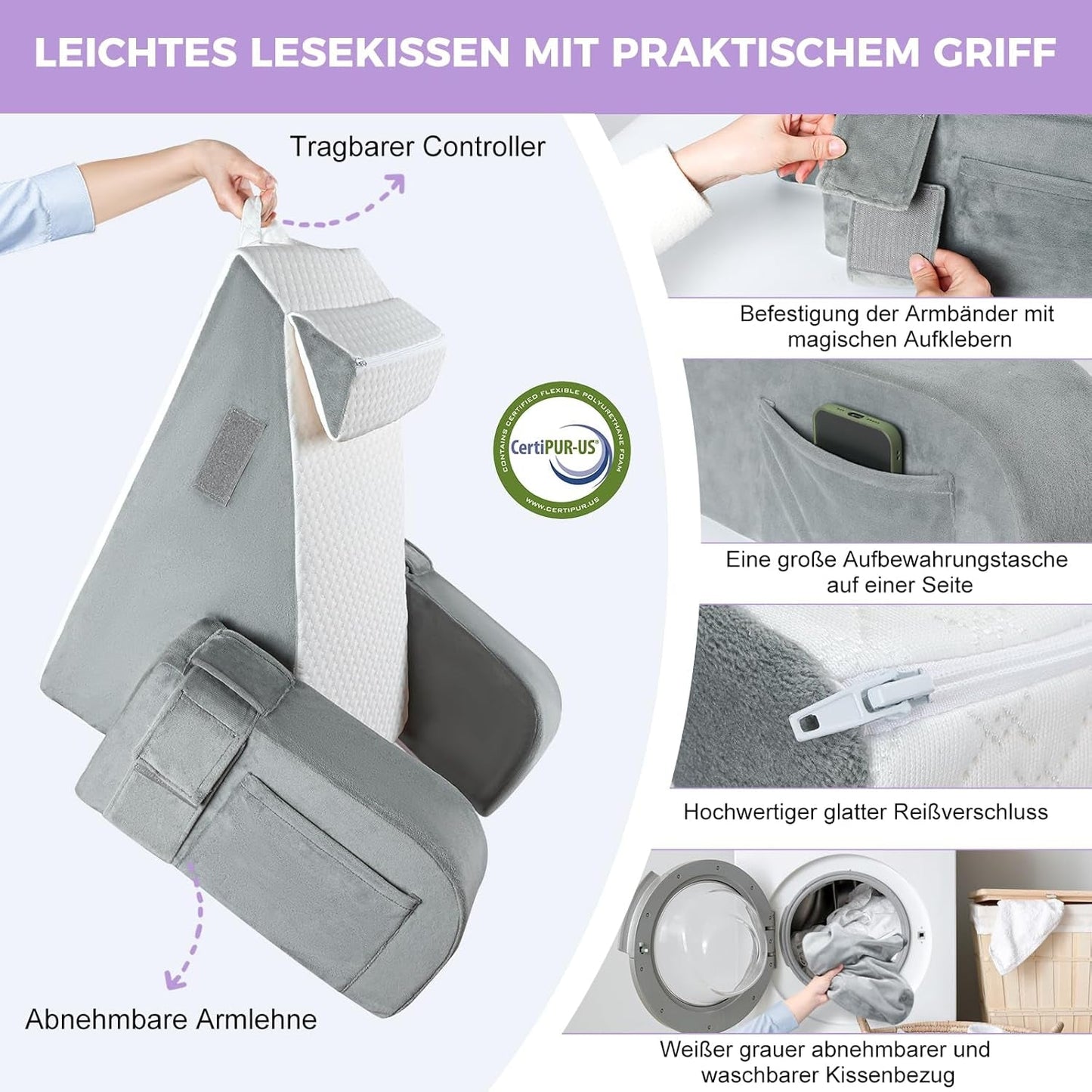 Grand oreiller de lecture avec barre de poignée, mousse haute densité, oreiller ergonomique pour le dos, accoudoirs, support de cou et appui-tête, coussin de siège inclinable pour dormir, jouer, regarder la télévision, pour lit et canapé