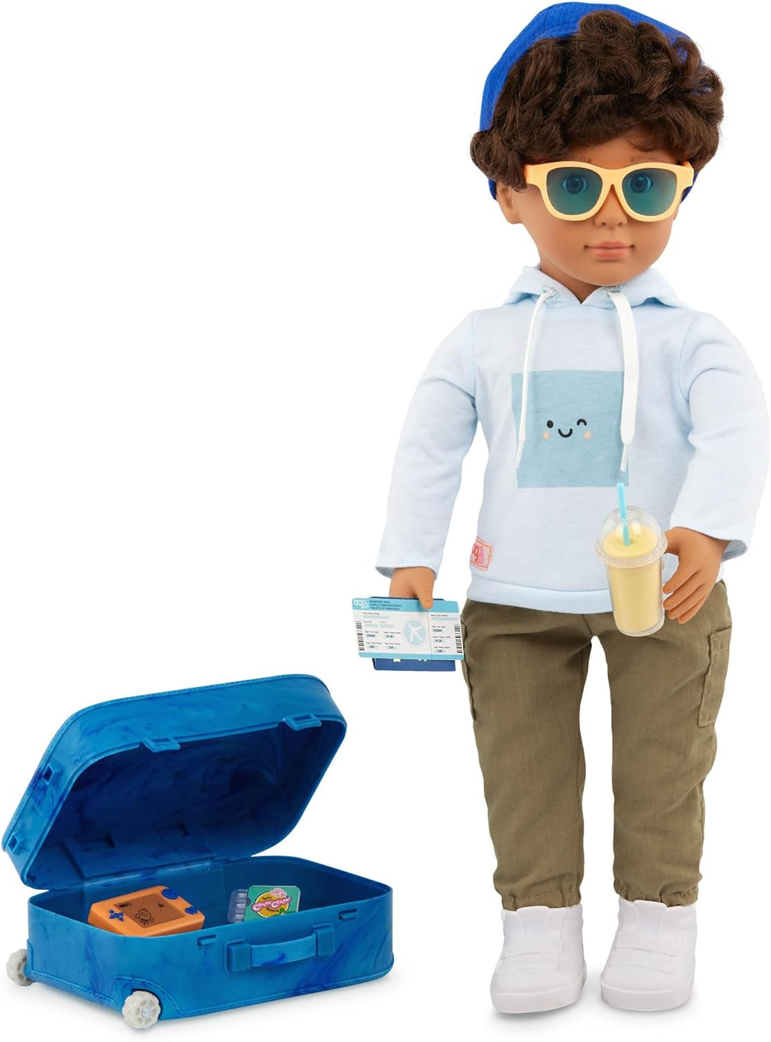 Our Generation - Milo - Poupée garçon de 46 cm - Yeux marron réalistes et cheveux bruns bouclés - Bagages à roulettes et accessoires de voyage - Jeu de simulation - Jouet pour 3 ans et plus