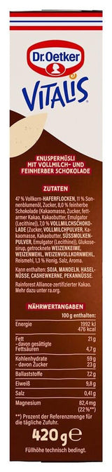 Dr. Oetker Vitalis KnusperPlus Ciocolată Dublă: Musli crocant cu lapte și ciocolată neagră, pachet de 7 (7 x 450g)