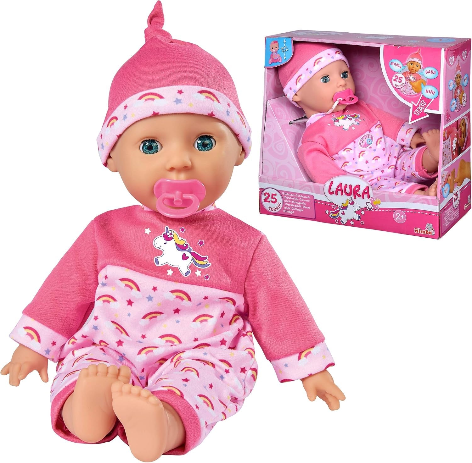 Simba 105140060 - Poupée au corps doux Laura Tickle Baby avec matelas arc-en-ciel, émet 25 sons de bébé, 38 cm, poupée à partir de 2 ans