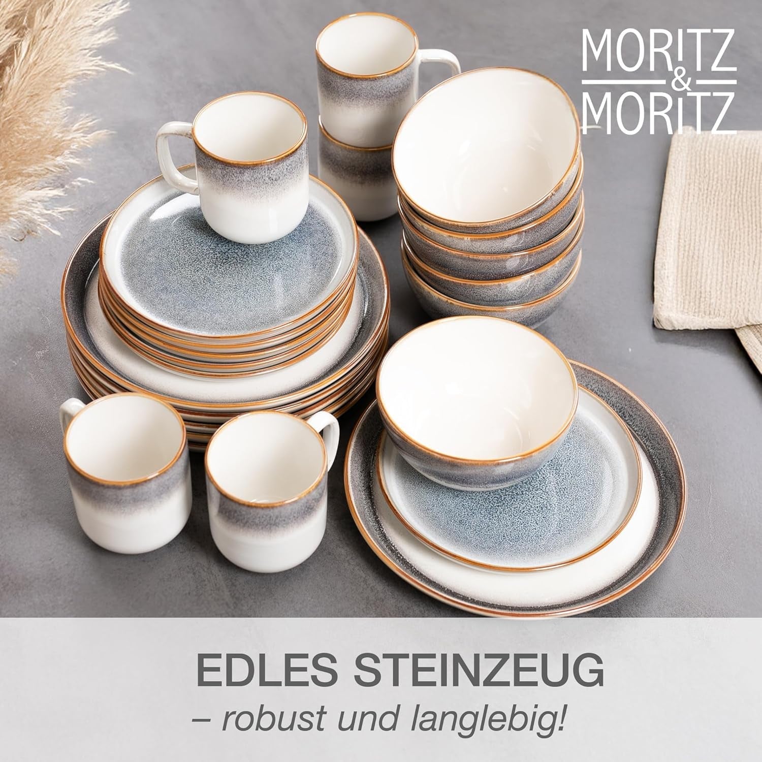 Moritz & Moritz TARENTO Service de table 24 pièces pour 6 personnes, gris – Service d'assiettes élégant en grès de haute qualité – Le service de table comprend 6 assiettes plates, 6 assiettes à dessert, 6 assiettes plates et 6 tasses.