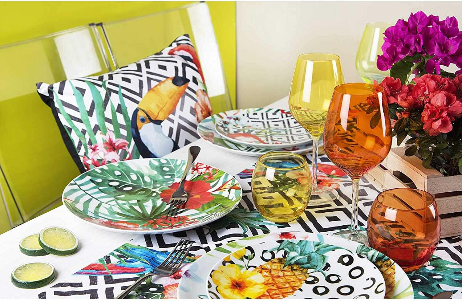 Excelsa Tropical Chic Service d'assiettes, 18 pièces, Porzellan, grande couleur