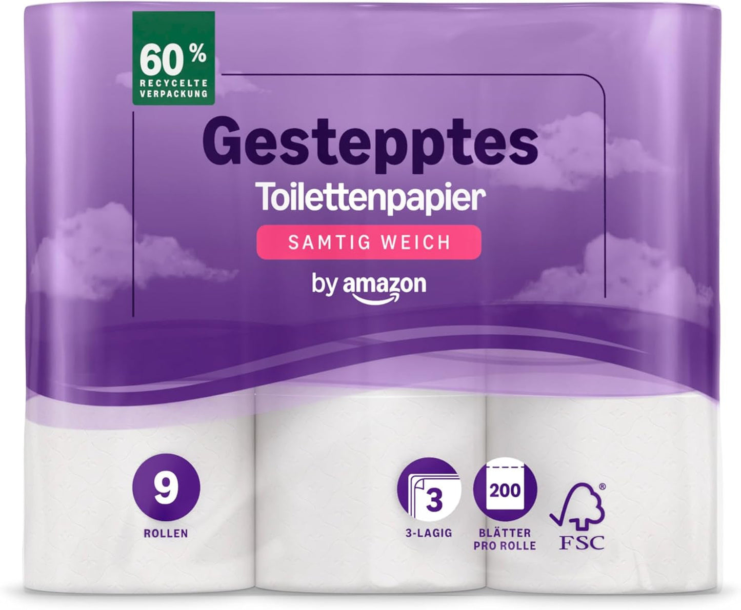 By Amazon Papier toilette matelassé 3 épaisseurs, doux et velouté, 36 rouleaux (9 rouleaux, lot de 4), 200 feuilles par rouleau, certifié Fsc