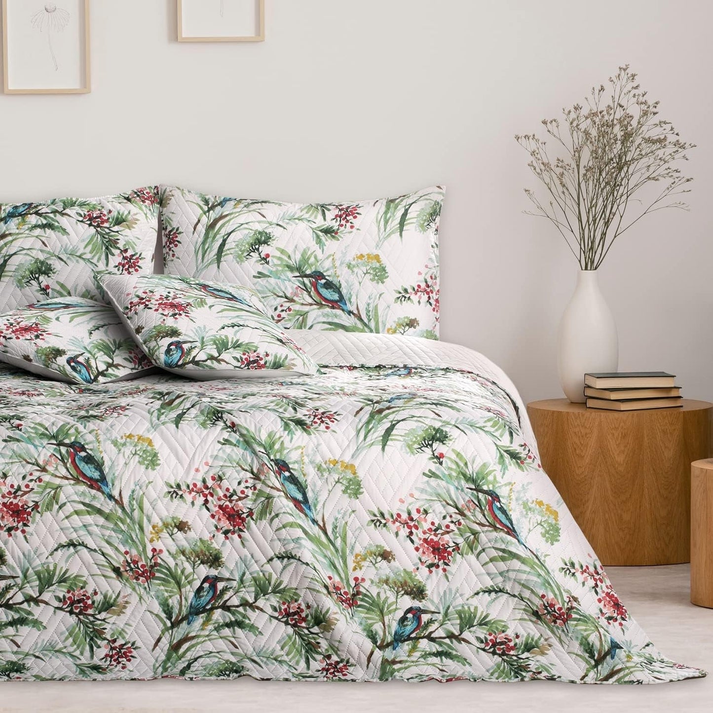 Ameliahome Couvre-lit Couvre-lit 260X280 Cm Double Face Facile d'entretien Quilting Motif Plante Motif Oiseau Multicolore Kingfisher Lits et Couvertures Besuche den AmeliaHome-Store