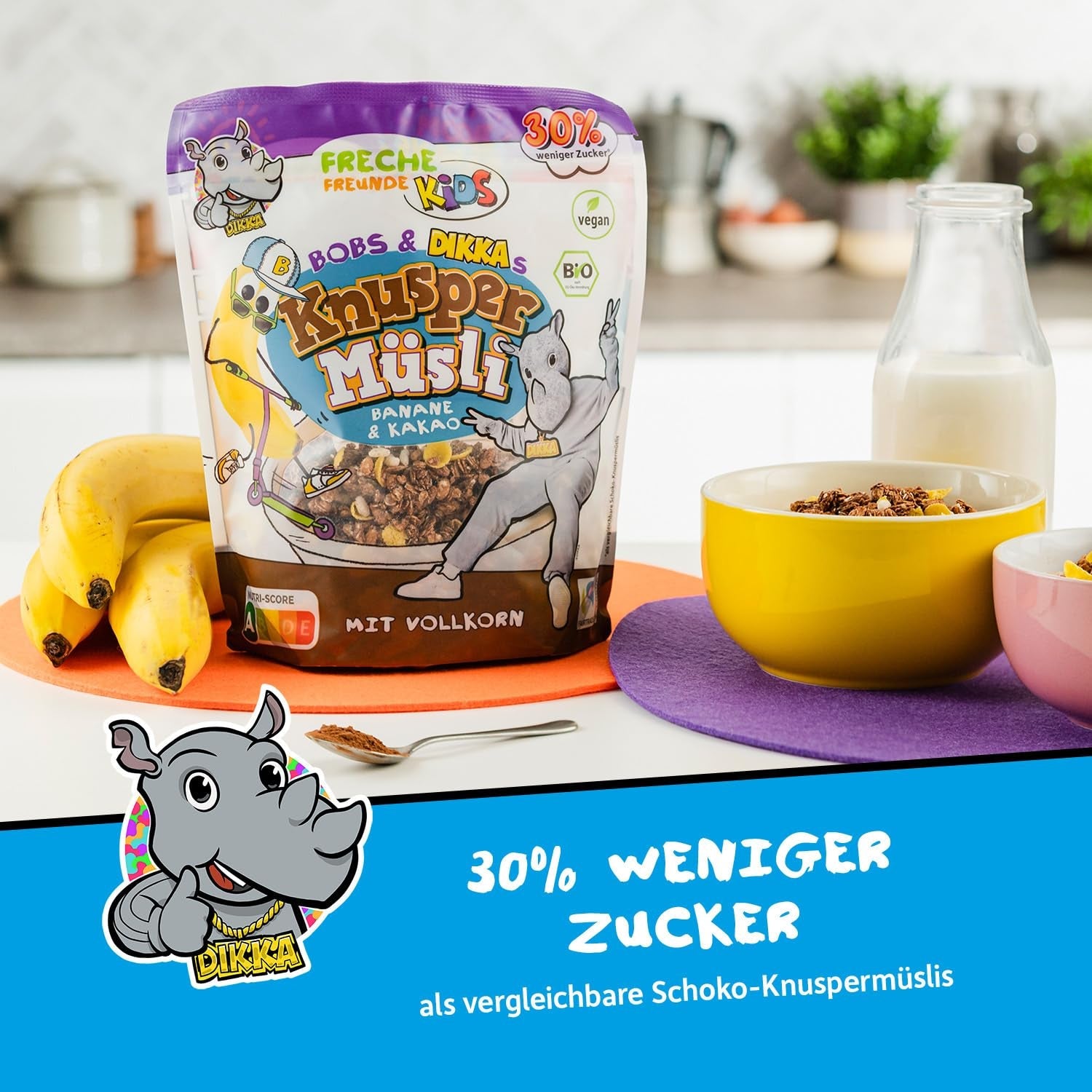 FRECHE FREUNDE KIDS, Bobs & DIKKAs Muesli croquant à la banane et au cacao, Muesli croquant au chocolat pour enfants, faible teneur en sucre, sans additifs, 100 % végétalien, 6 pièces (6 x 280 g)