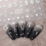 Autocollants d'ongles métalliques argentés 3D, autocollants d'ongles pour femmes, étoile, lune, soleil, feuille d'ongles, autocollants auto-adhésifs, autocollants d'ongles papillon, autocollants d'ongles, accessoires de conception d'ongles, 8 pièces