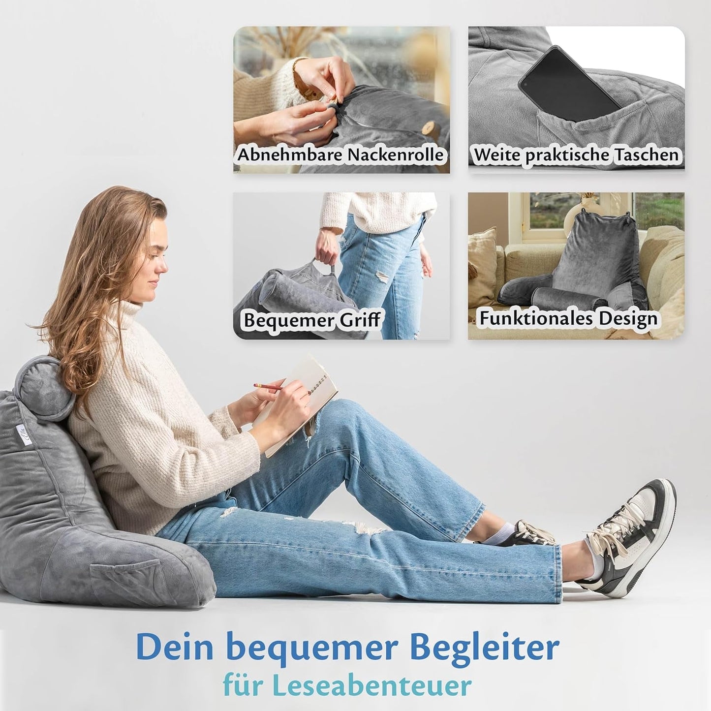 Ella Oreiller de lecture pour lit et canapé avec tour de cou amovible – Oreiller de dos pour lit – Oreiller de lecture en mousse à mémoire de forme avec accoudoirs, idéal pour lire, regarder la télévision, se détendre ou comme soutien du dos – Gris
