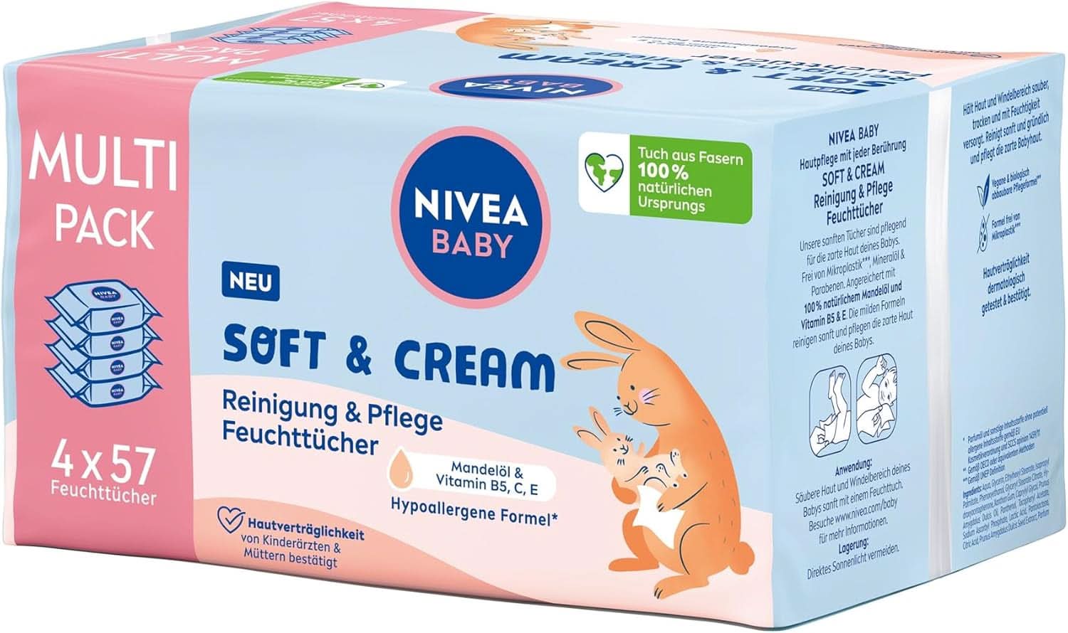 NIVEA BABY Soft & Cream Feuchttücher, Baby Feuchttücher Zur Sanften Reinigung Empfindlicher Babyhaut, Hypoallergene Feuchttücher Für Babies Mit Mandelöl and Vitaminen (4 X 57 Stück) Naty Shop