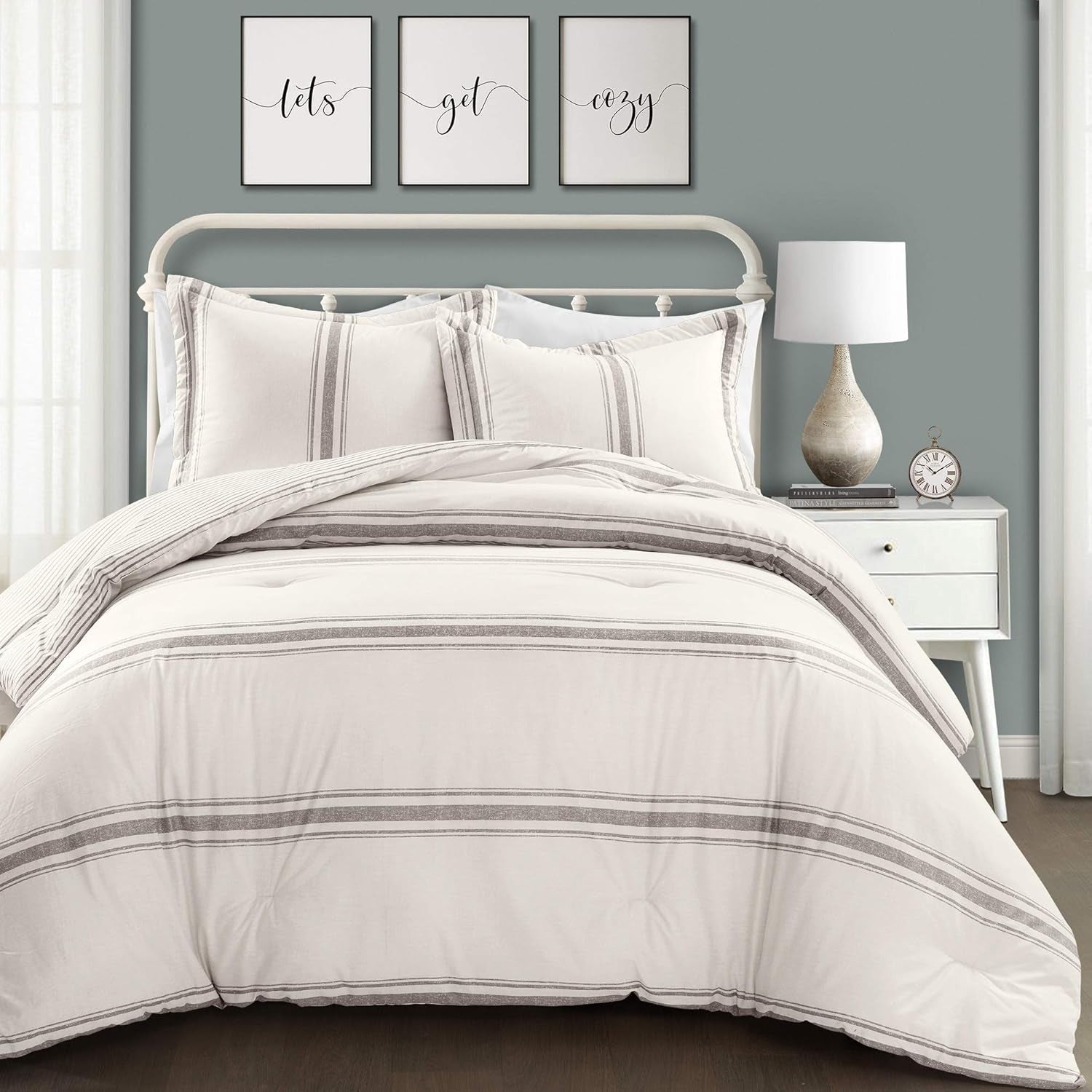 Lush Decor Housse de couette rayée Farmhouse, Full/Queen, gris Naty Shop Couettes et courtepointes Gris Full Queen