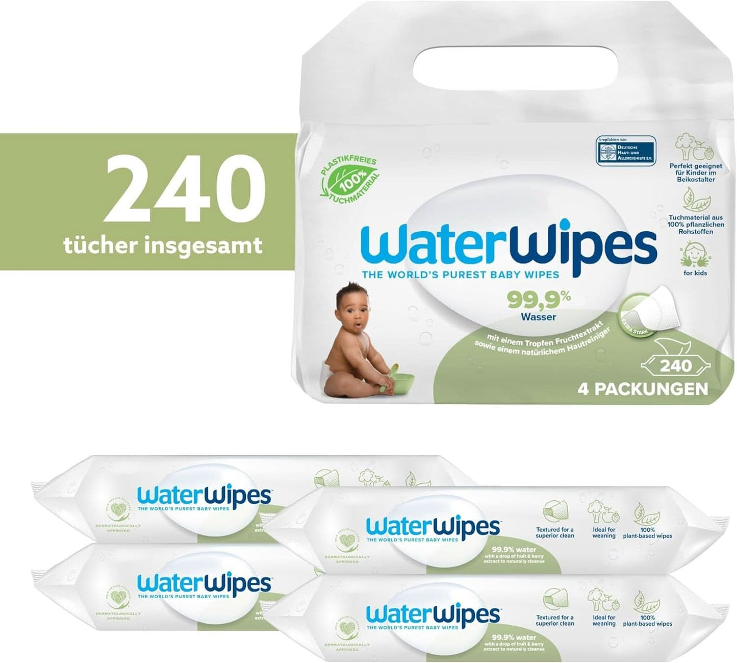 Waterwipes Plastikfreie, Texturierte Reinigungstücher Für Kleinkinder & Babies, 240 Stück (4 Packungen), 99.9 % Wasserbasierte Reinigungstücher, Unperfümiert Für Empfindliche Haut Naty Shop
