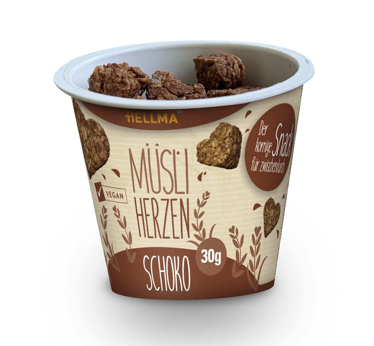 HELLMA Coeurs au Muesli et Chocolat - 18 portions de 30 g chacune - Gruau enrobé de chocolat en forme de coeur, tasses à emporter