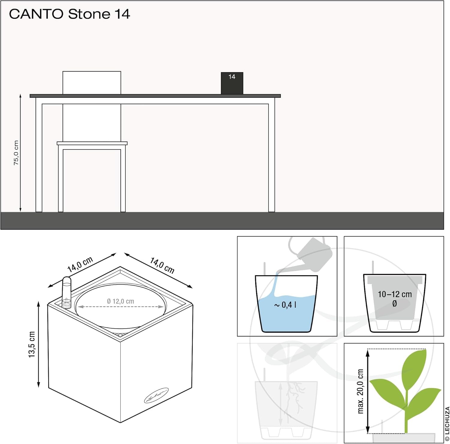 Cube à herbes de haute qualité LECHUZA CANTO Stone 14 avec système d'arrosage en bâton, gris pierre