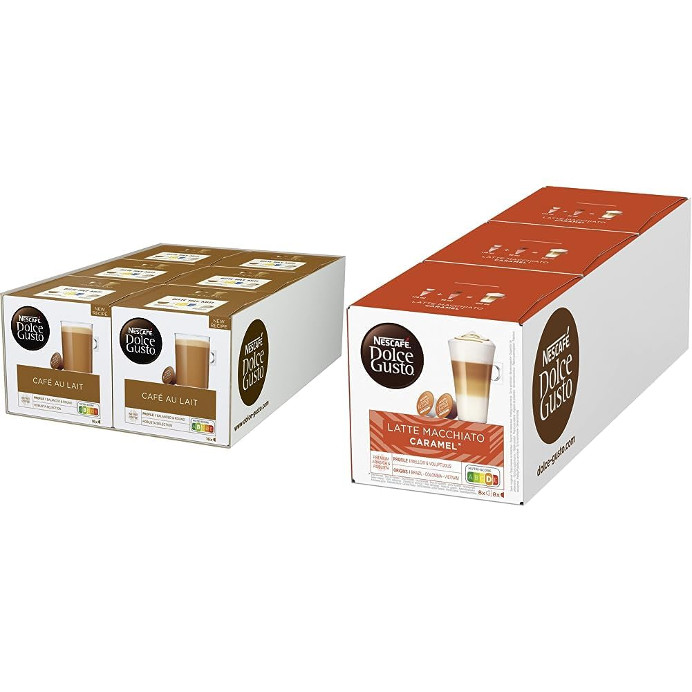 NESCAFÉ Dolce Gusto Café au Lait 96 capsules de café & Latte Macchiato Caramel, 48 capsules de café