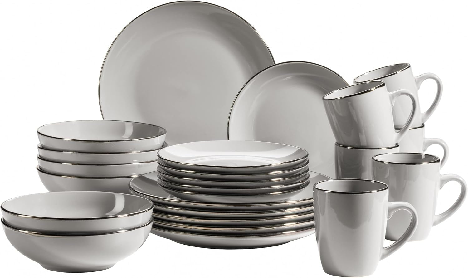 MÄSER Structure en métal, Service de table moderne pour 6 personnes avec structure couleur laiton, Service combiné de 24 pièces avec tasses sans rebord, Grès, Gris