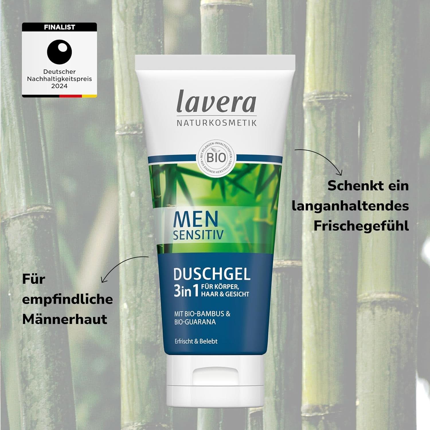 Lavera, Gel douche au bambou bio et guarana, 3 en 1, pour la peau, les cheveux et le visage, 200 ml Douche et bain Naty Shop