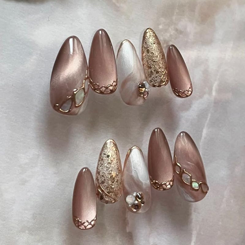 Moonglow Faux Ongles Magnétiques Courts, Rose Amande Rouge Dégradé Paillettes Oeil de Chat avec Colle, Rose Rouge Ombre Paillettes Photothérapie Ongles Artificiels pour Femmes et Filles