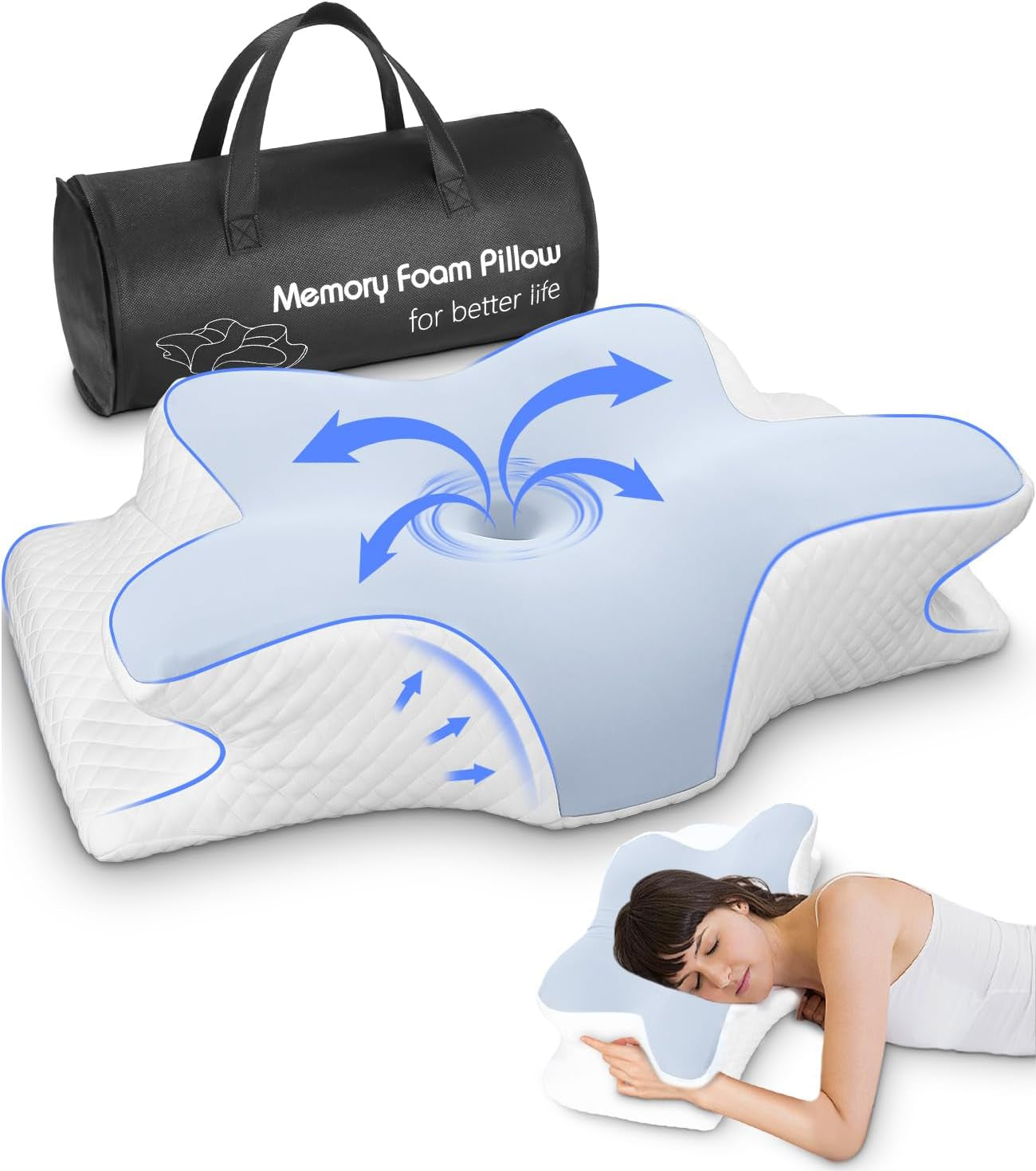 Oreiller cervical, oreiller de soutien latéral, oreiller en mousse à mémoire de forme, oreiller orthopédique, oreiller de soutien cervical ergonomique pour un soutien optimal du dos et du ventre Oreiller de soutien latéral (62 X 41 X 13 CM) Oreillers orthopédiques cervicaux Naty Shop Bleu