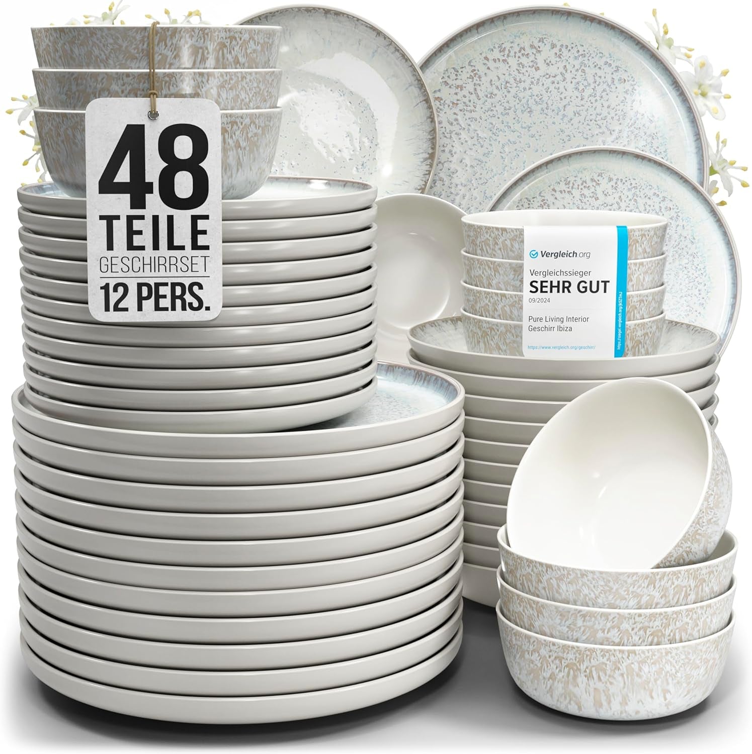 Service de vaisselle 48 pièces en grès céramique pour 12 personnes, design Ibiza, GAGNANT DU TEST. Un magnifique ensemble de vaisselle méditerranéenne en grès céramique comprenant des bols et des assiettes. Service de table Pure Living, beige.