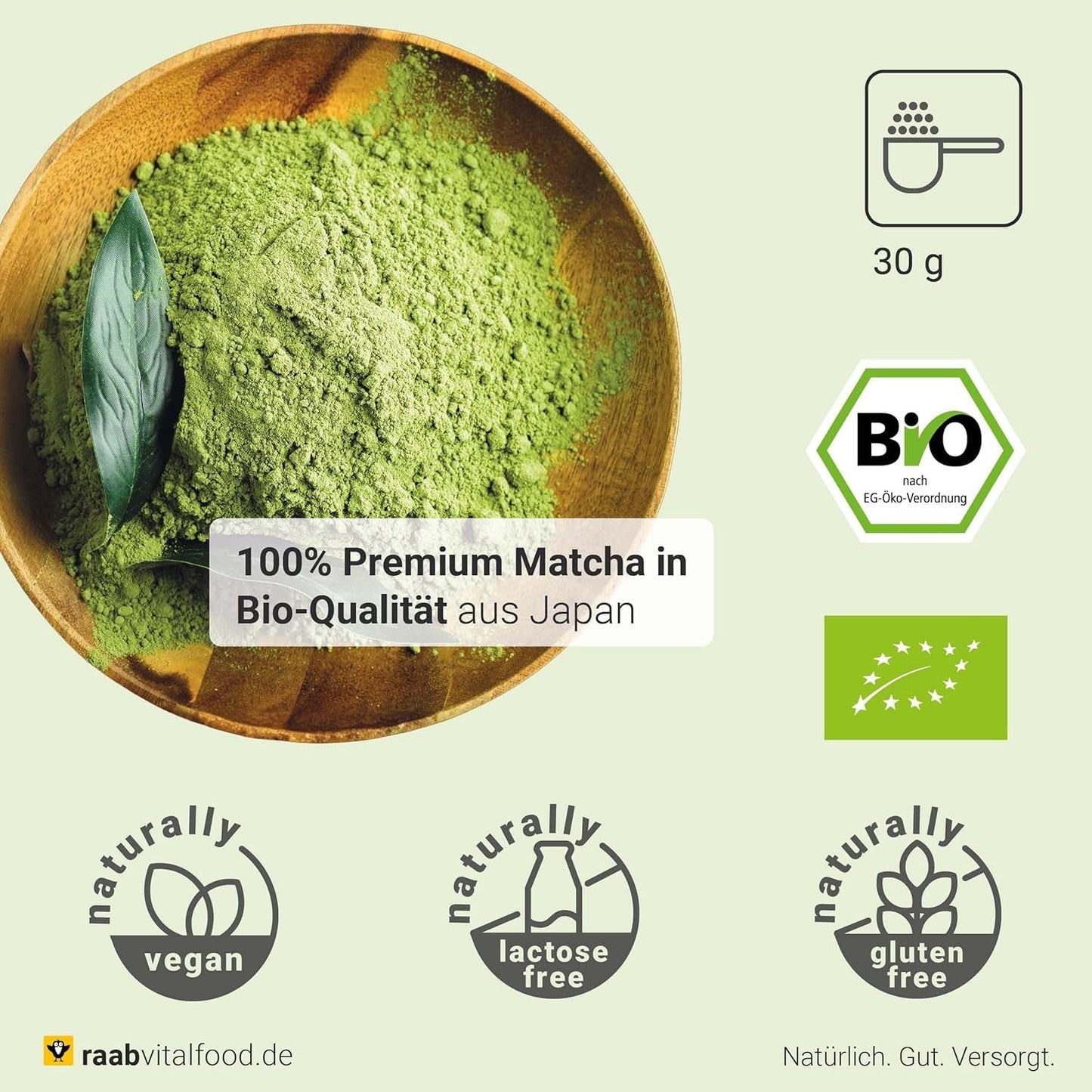 Raab Vitalfood® Premium Bio Matcha Powder (30g) - Original du Japon, poudre de matcha pure sans additifs, finement moulue, goût légèrement amer, poudre de thé vert, végétalien, cérémonie du thé