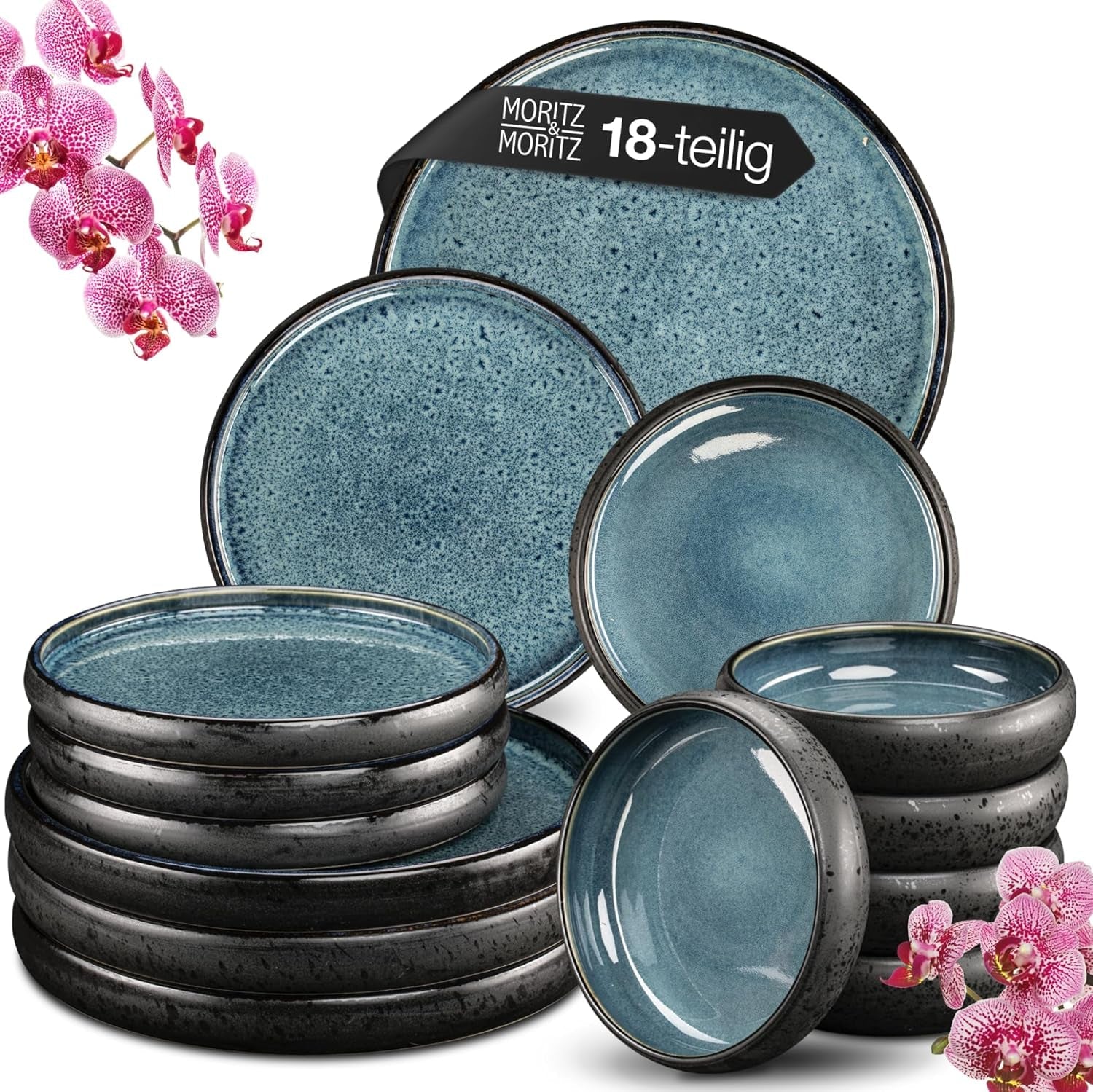 Moritz & Moritz SOLID Service de table en grès 18 pièces pour 6 personnes - Service de table pour 6 personnes, composé de 6 assiettes plates, 6 assiettes plates et 6 assiettes plates