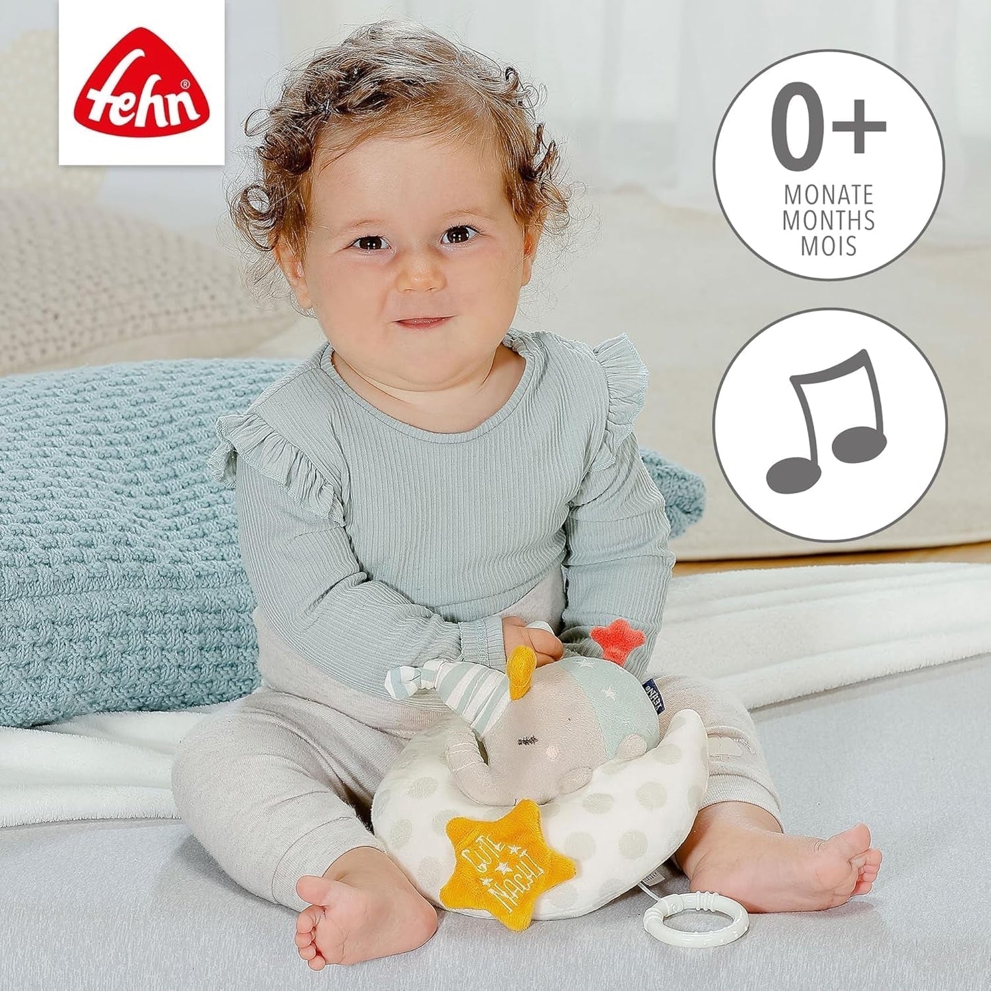 Fehn boîte à musique bébé éléphant dans la lune - broderie "Glow-in-the-dark" avec la chanson "La lune s'est levée" - peluche pour vous aider à vous endormir - jouet pour les enfants en déplacement et à la maison - à partir de 0 mois Baby Toys Naty Shop