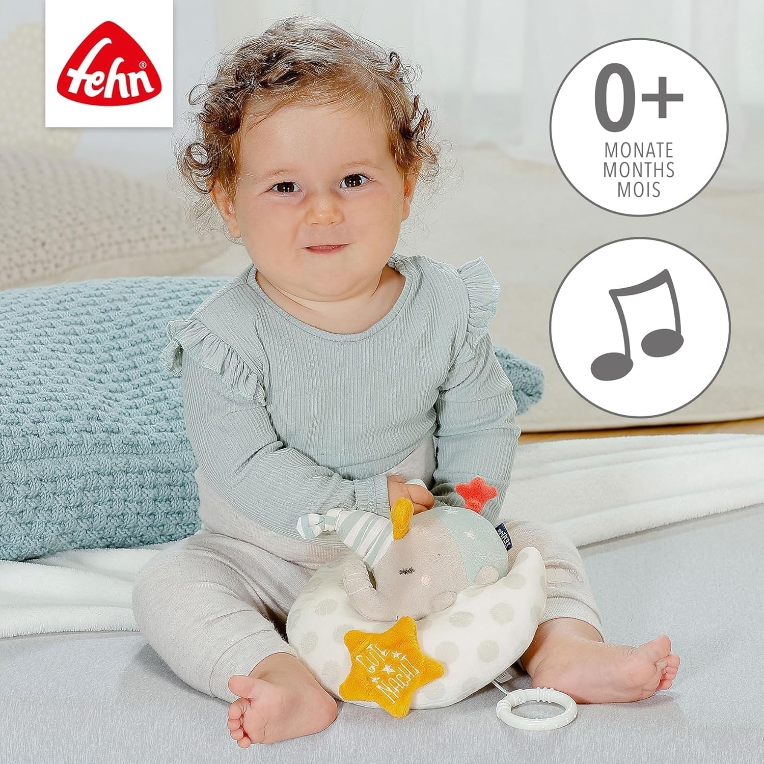 Fehn boîte à musique bébé éléphant dans la lune - broderie "Glow-in-the-dark" avec la chanson "La lune s'est levée" - peluche pour vous aider à vous endormir - jouet pour les enfants en déplacement et à la maison - à partir de 0 mois Baby Toys Naty Shop