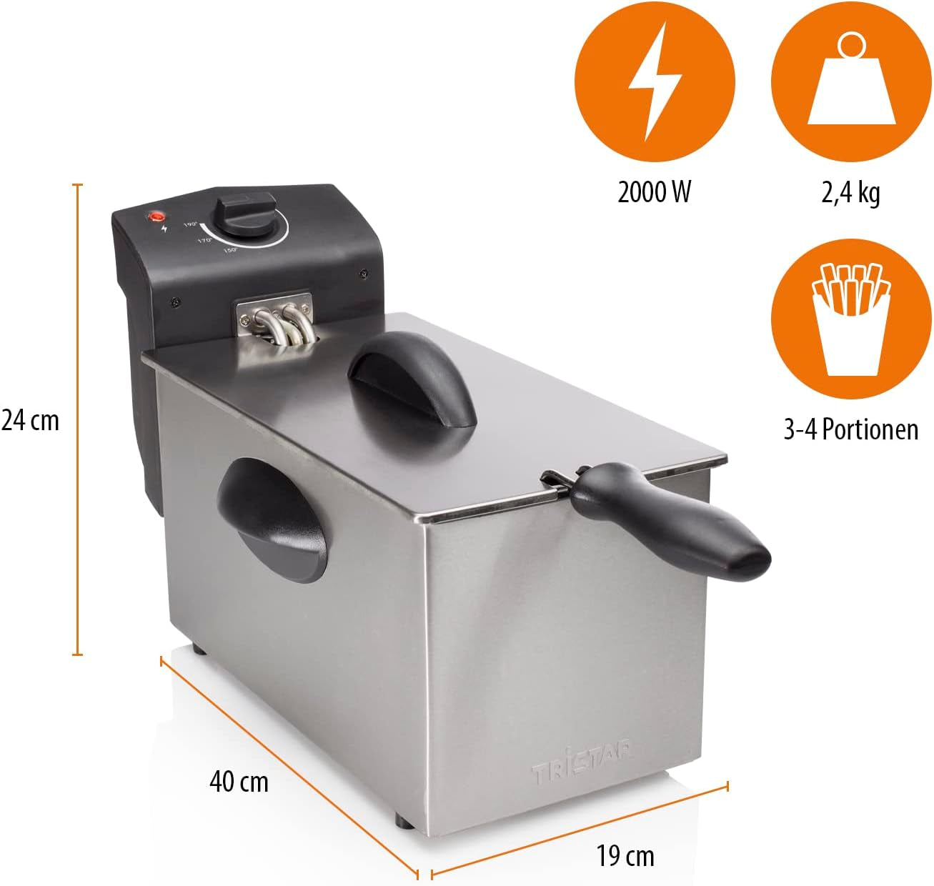 Friteuse à huile Tristar FR-6935, 2000 watts, 3 litres, thermostat, zone froide, 3-4 personnes, électroménager en métal Naty Shop