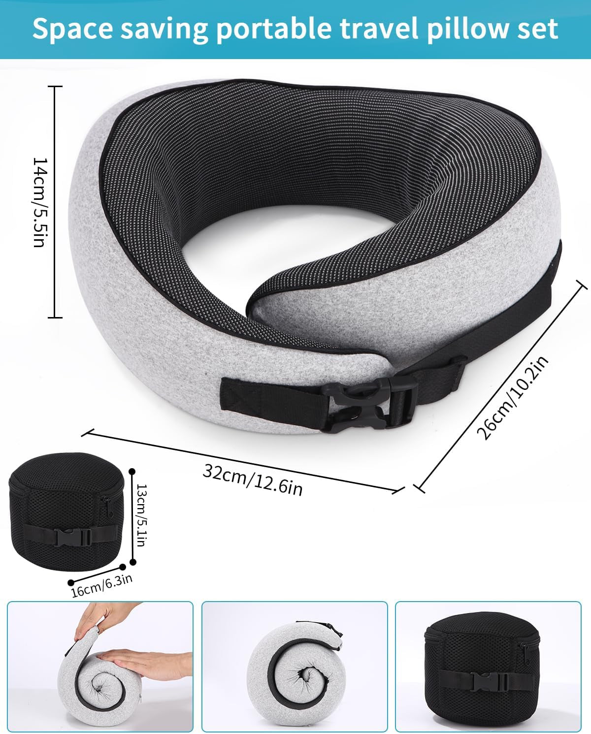 Oreiller cervical d'avion, oreiller de voyage en mousse à mémoire de forme, oreiller cervical pour adulte, oreiller d'avion réglable et lavable, oreiller de voyage ergonomique (gris) Oreillers orthopédiques cervicaux Naty Shop