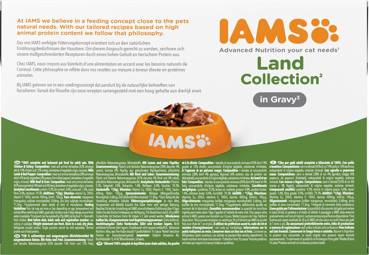 IAMS Delights Land Collection Nourriture humide pour chats - Multipack avec variétés de viandes (agneau, bœuf, poulet et dinde) en sauce, nourriture humide pour chats à partir de 1 an, 12 x 85g