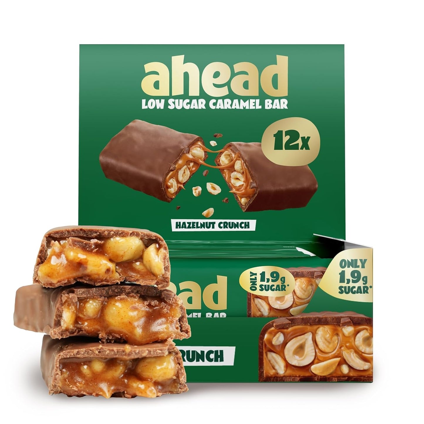 Barres de chocolat au caramel et aux noisettes à venir | 12 tablettes de chocolat x 35 g sans sucre ajouté | 1,9 g de sucre par barre | Goût croquant de noisette et de caramel | Bonbons à faible teneur en glucides | Pas d'huile de palme