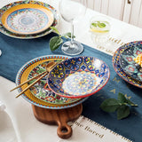 HENXFEN LEAD Service de table en porcelaine, service de table 12 pièces pour 4 personnes, service de table coloré pour 4 personnes – assiettes peintes à la main, assiettes à dessert, assiettes creuses – Style bohème