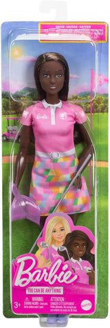 Poupée Barbie Golfeuse Brune en Robe Polo Rose Amovible, Uniforme de Golf, Comprend Casquette et Accessoires de Club de Golf, JCR69