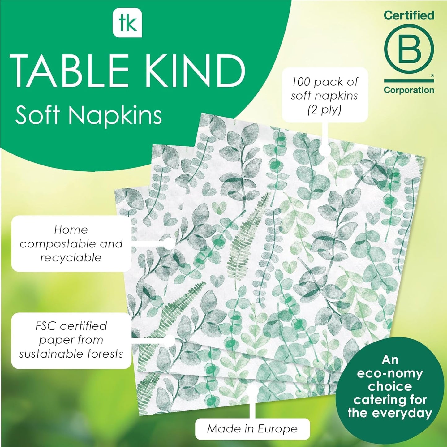 Talking Tables Serviettes jetables en papier doux - Feuilles vertes - Pour mariage ou usage quotidien - Respectueuses de l'environnement, compostables et recyclables - Fabriquées dans l'UE - 2