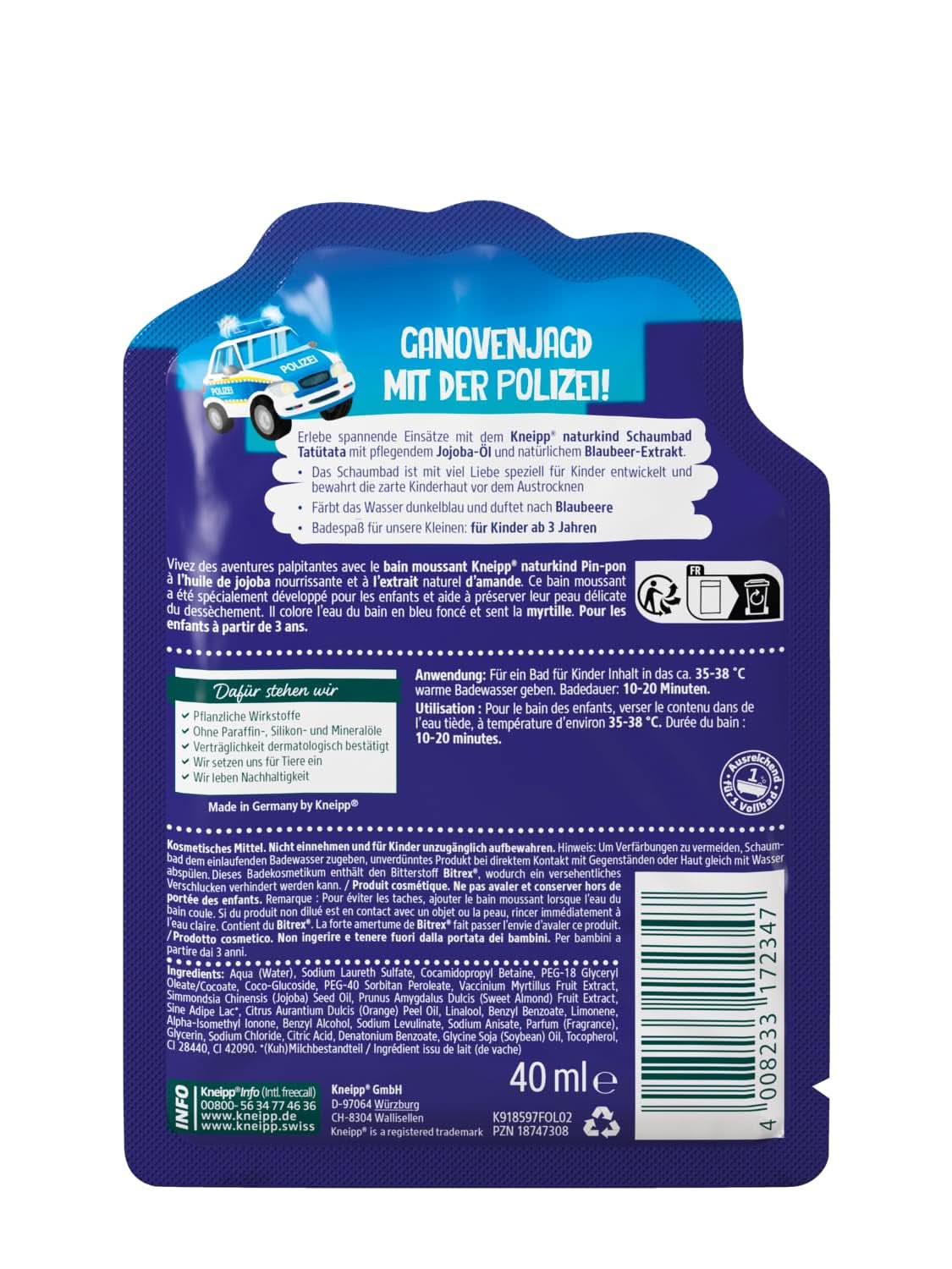 Kneipp Naturkind, additif de bain à l'huile de jojoba nourrissante et à l'extrait naturel de myrtille, arôme fruité de myrtille, eau bleue, 40 ml Douche et bain Naty Shop