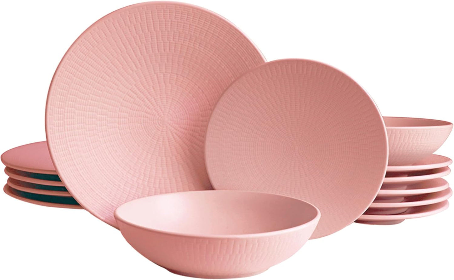 ECHTWERK Service de table vintage 12 pièces au design naturel « Blanka » Service de table élégant en grès texturé pour 4 personnes avec 4 assiettes plates, 4 assiettes latérales et 4 assiettes plates Rose