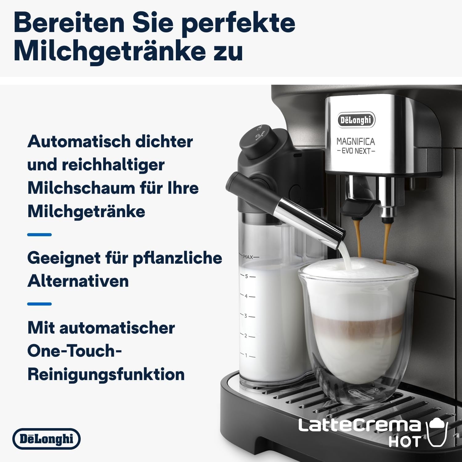 De'Longhi Magnifica Evo Next - Expresso entièrement automatique Perfetto avec mousseur à lait LatteCrema, 13 boissons à une touche, cafetière et cappuccino, écran tactile couleur, titane (ECAM312.80.TB)