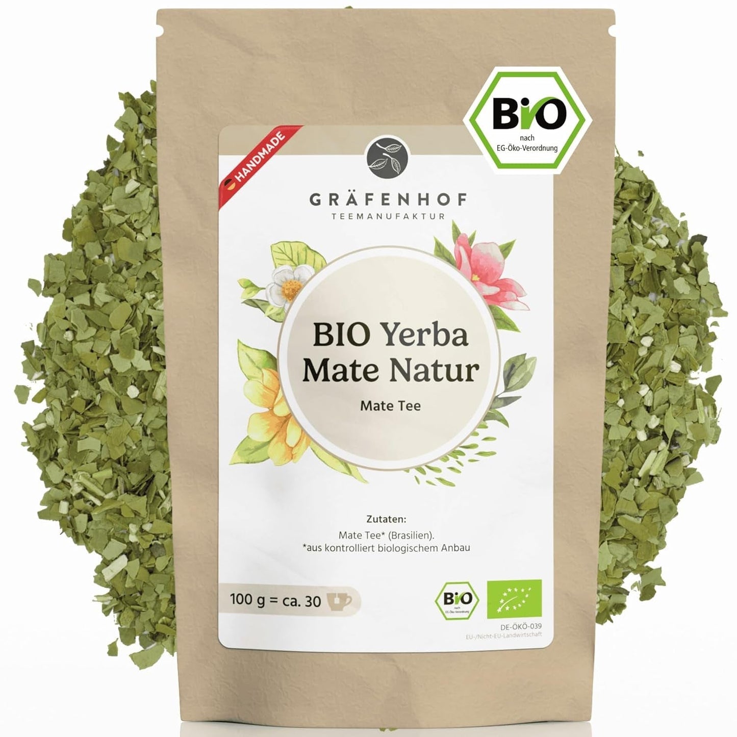 Thé Yerba Mate biologique L'original 1 kg de thé maté en vrac à haute teneur en caféine, non torréfié, séché à l'air, testé en laboratoire, feuilles de maté emballées en Allemagne, qualité supérieure Gräfenhof