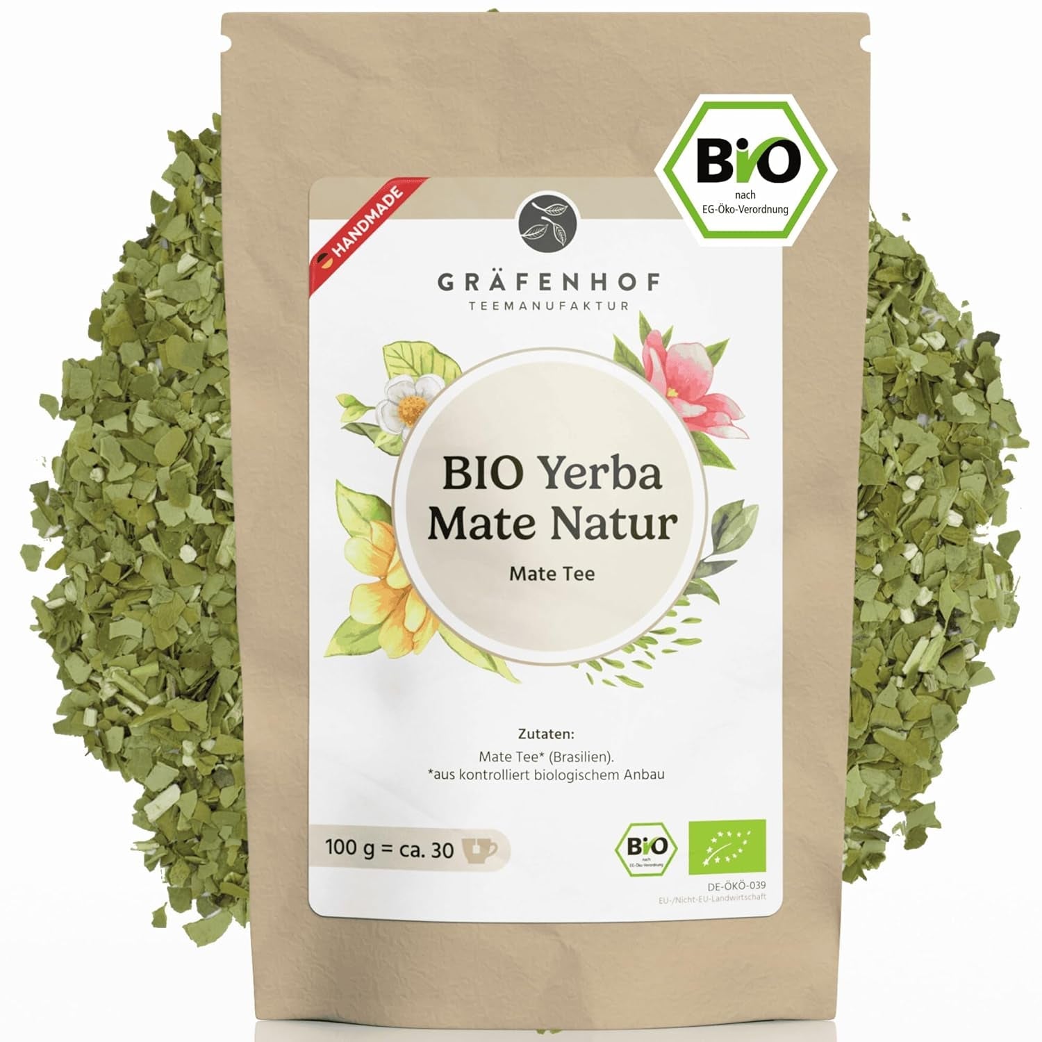 Thé Yerba Mate biologique L'original 1 kg de thé maté en vrac à haute teneur en caféine, non torréfié, séché à l'air, testé en laboratoire, feuilles de maté emballées en Allemagne, qualité supérieure Gräfenhof