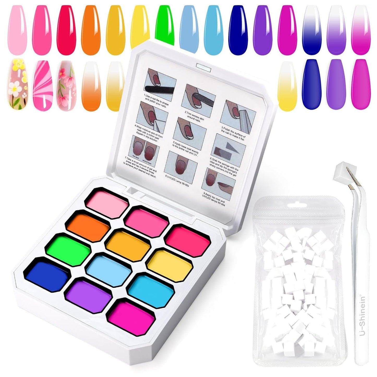 Gel de peinture dégradé, 12 couleurs de vernis à ongles gel ombré avec 100 éponges à ongles et 4 griffes en métal pour manucure française DIY Nail Art, Set I