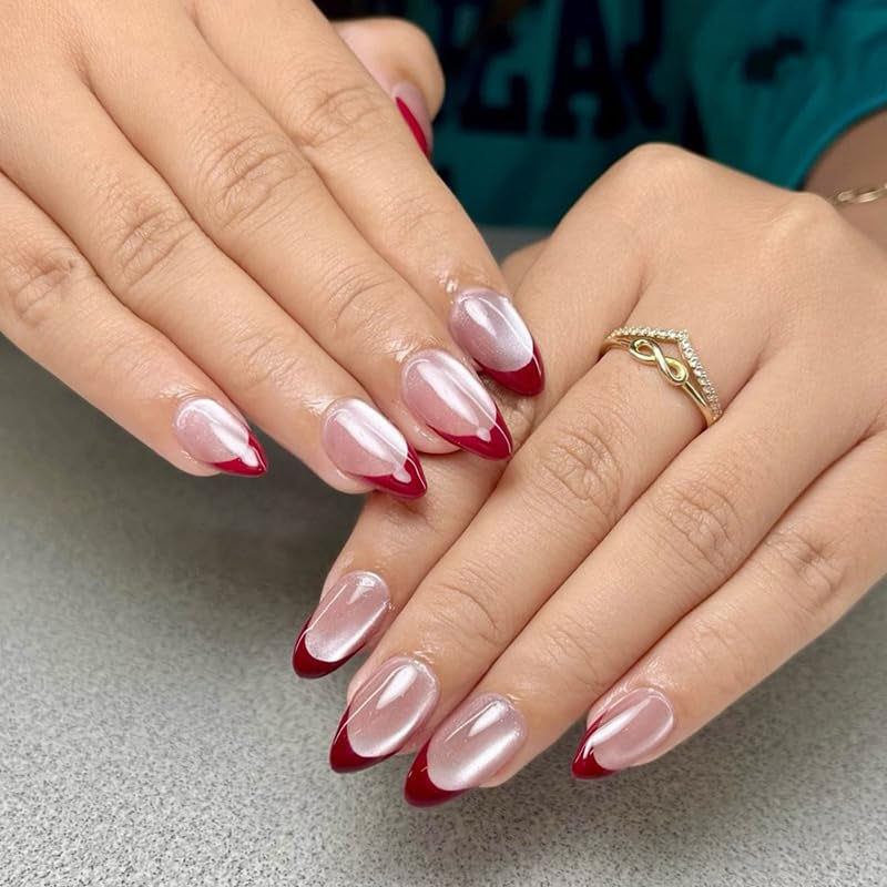 Moonglow Faux Ongles Magnétiques Courts, Rose Amande Rouge Dégradé Paillettes Oeil de Chat avec Colle, Rose Rouge Ombre Paillettes Photothérapie Ongles Artificiels pour Femmes et Filles
