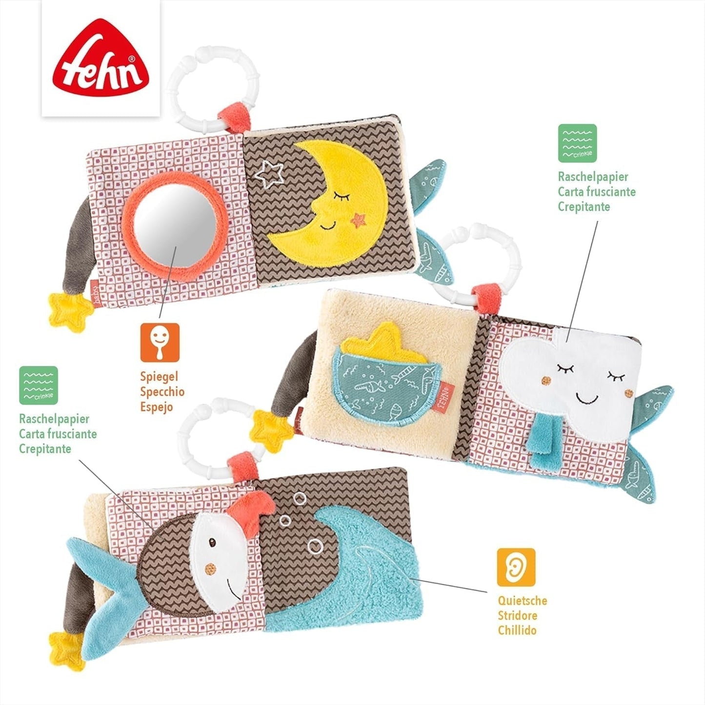 Fehn Soft imagier Bruno - livre doux pour bébés en tissu avec motifs d'animaux - livre de jouets en tissu à suspendre pour poussettes et sièges auto - livre avec des pétards pour bébés et enfants à partir de 0 mois Baby Toys Naty Shop