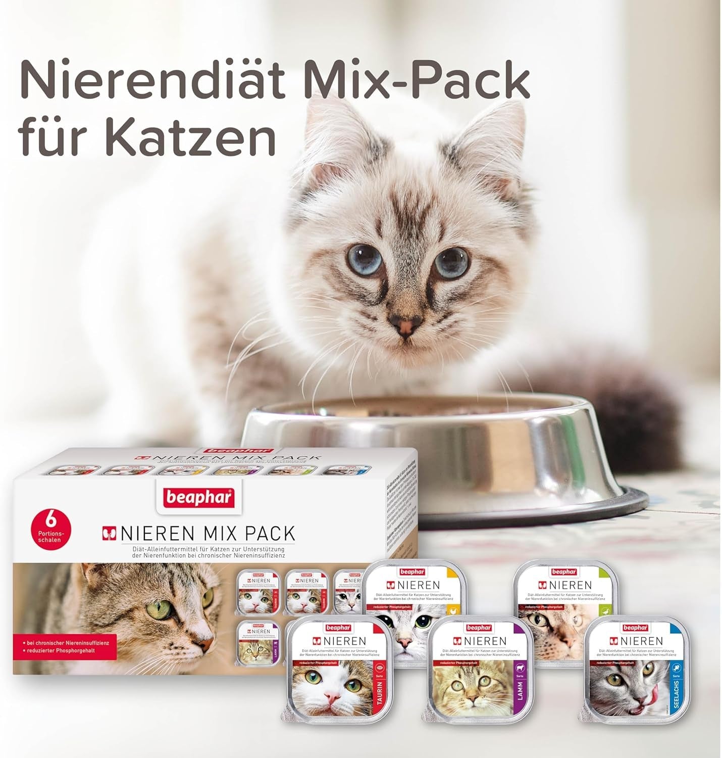 BEAPHAR – Renal Diet Mixed Package – Aliment complet pour chats souffrant d'insuffisance rénale chronique – Pour soutenir la fonction rénale – 6 x 100 g
